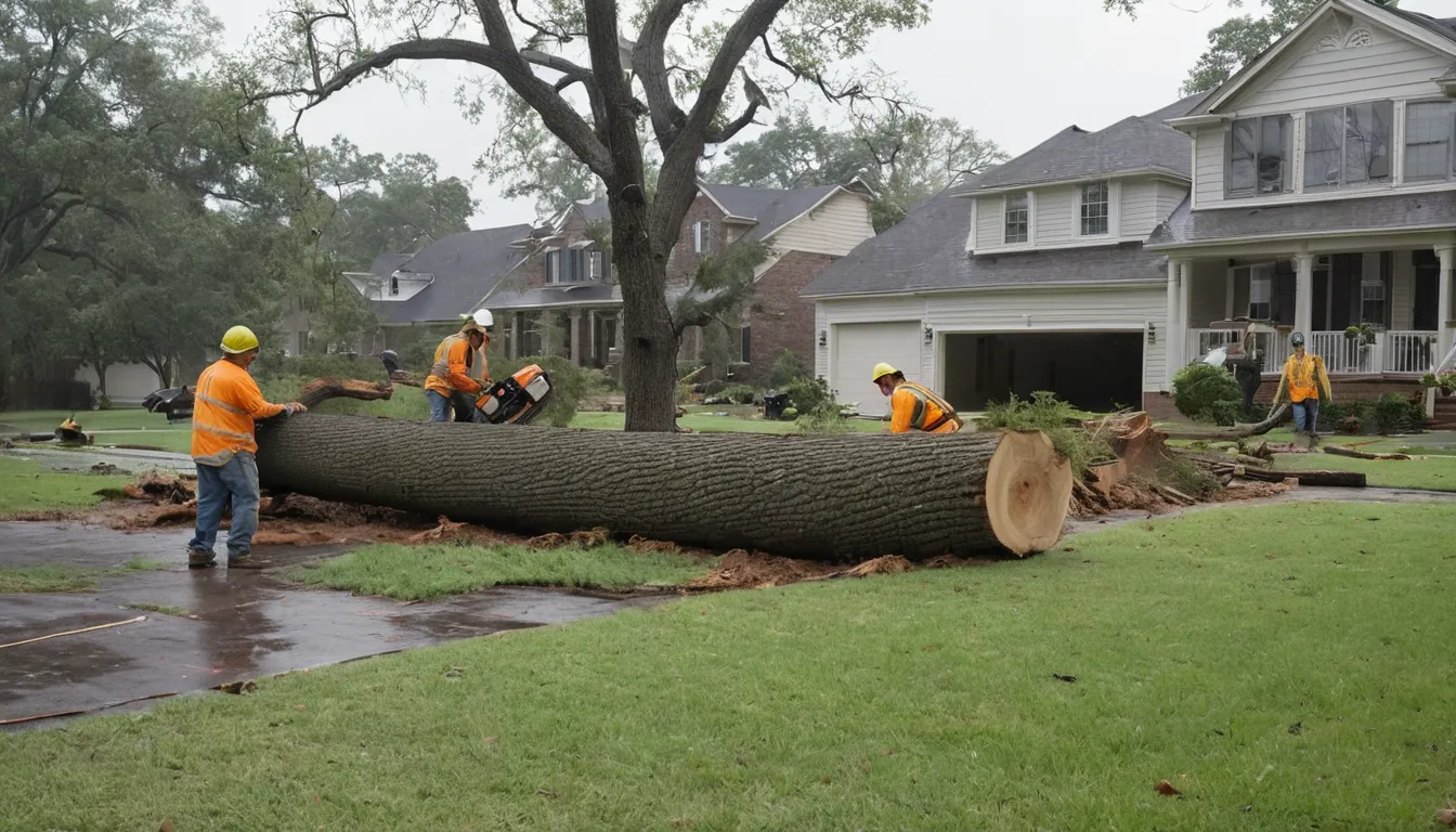 Fallen tree being cut into sections by a provider crew in a South Fulton yard after a storm